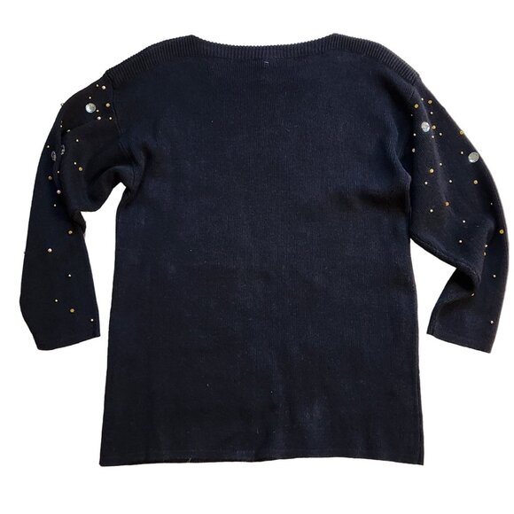 Vintage 1980s Medium Black & Gold Beaded Gold Digger Novelty Sweater Tunic Top - Picture 3 of 4